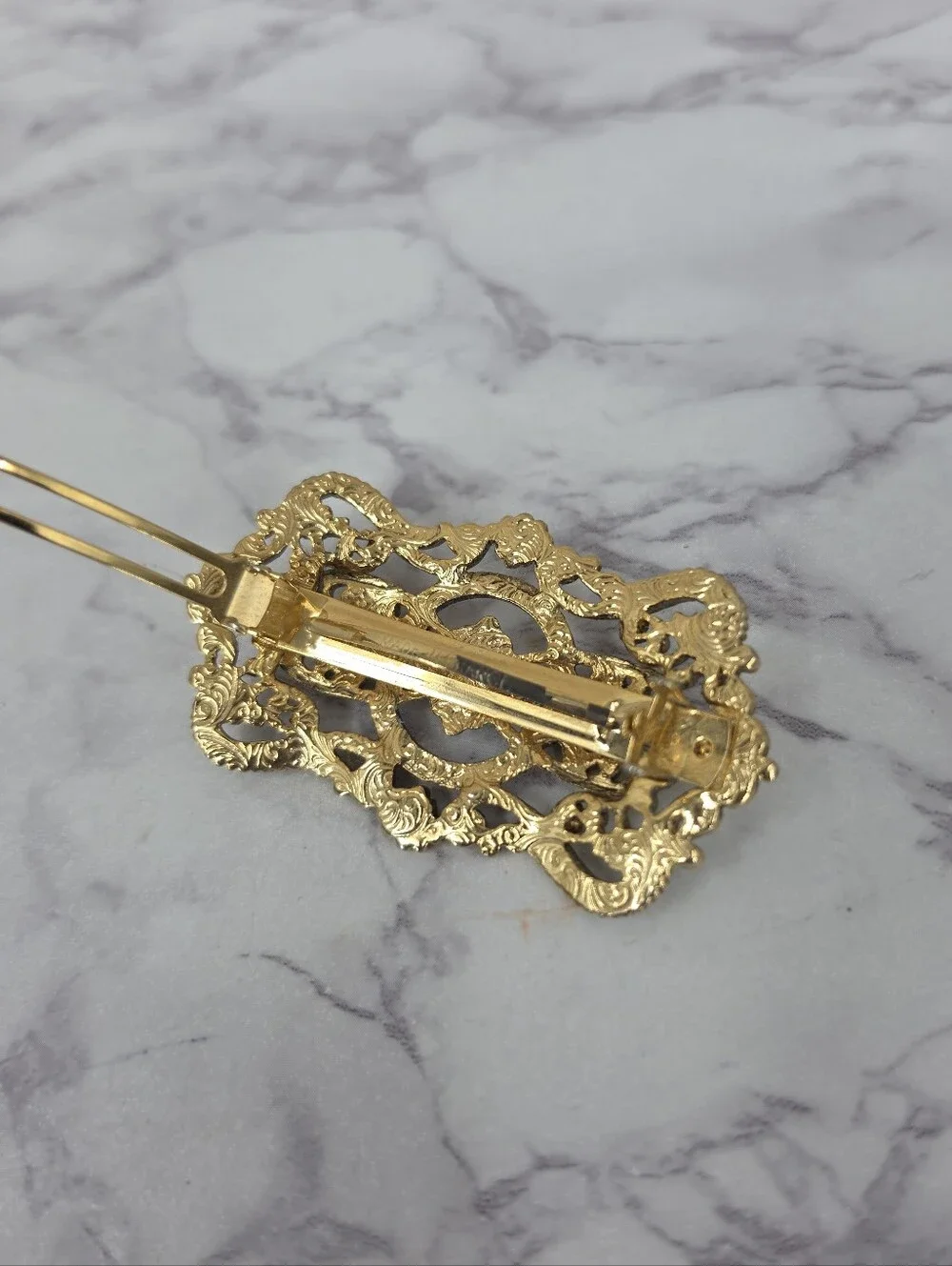 Vintage French Hair Barrettes Gold-Tone Vintage Floral Filigree Pearl Accent